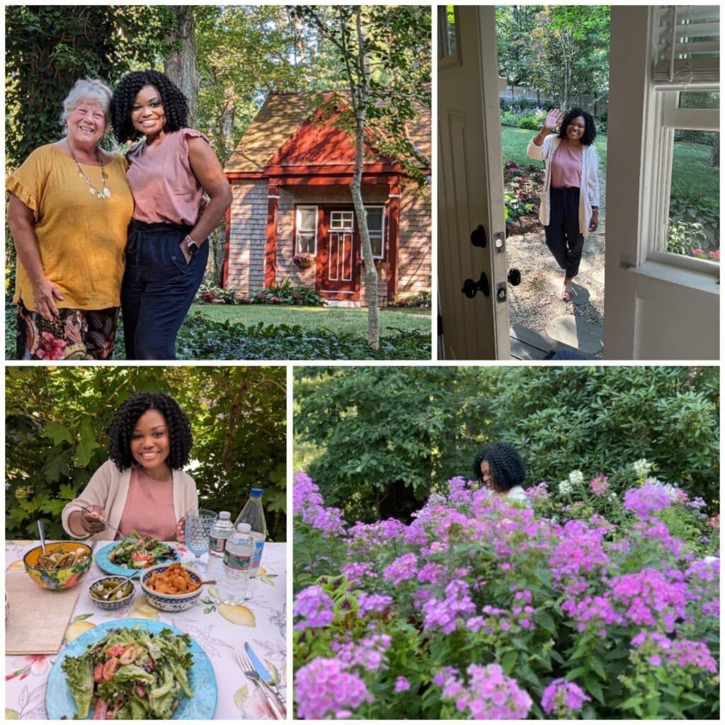 Collage of a woman with family, dining outdoors, walking through a doorway, and standing by pink flowers.