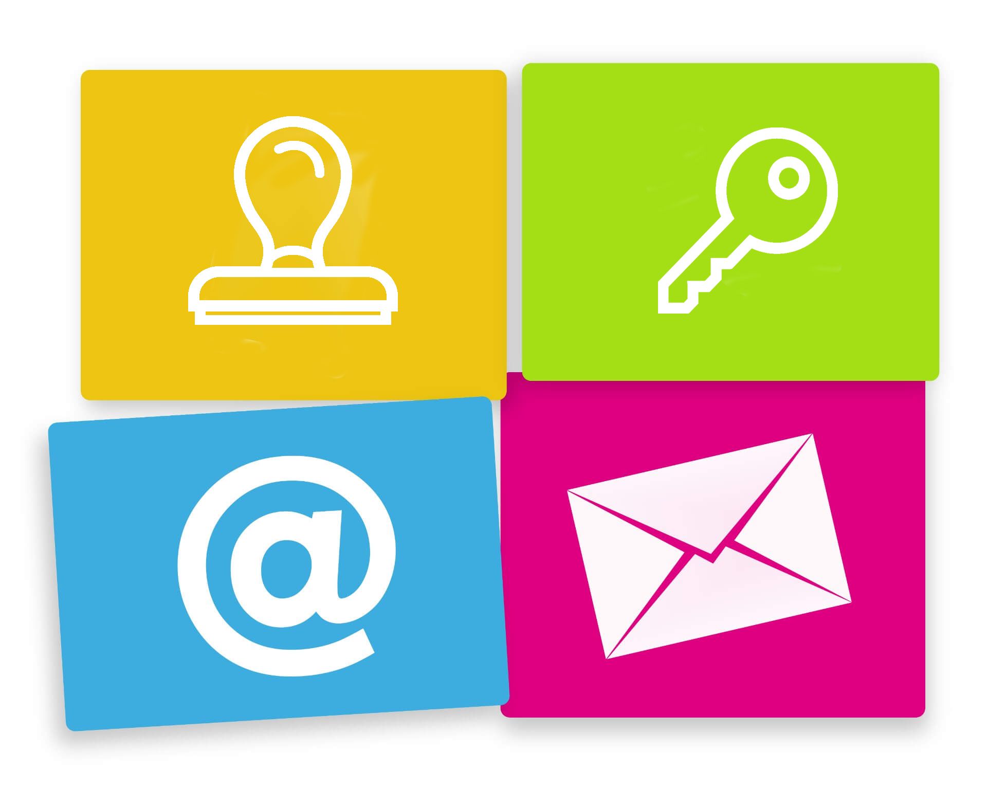 Un timbro, una chiave, una busta e un'e-mail sono visualizzati su quattro quadrati di colore diverso