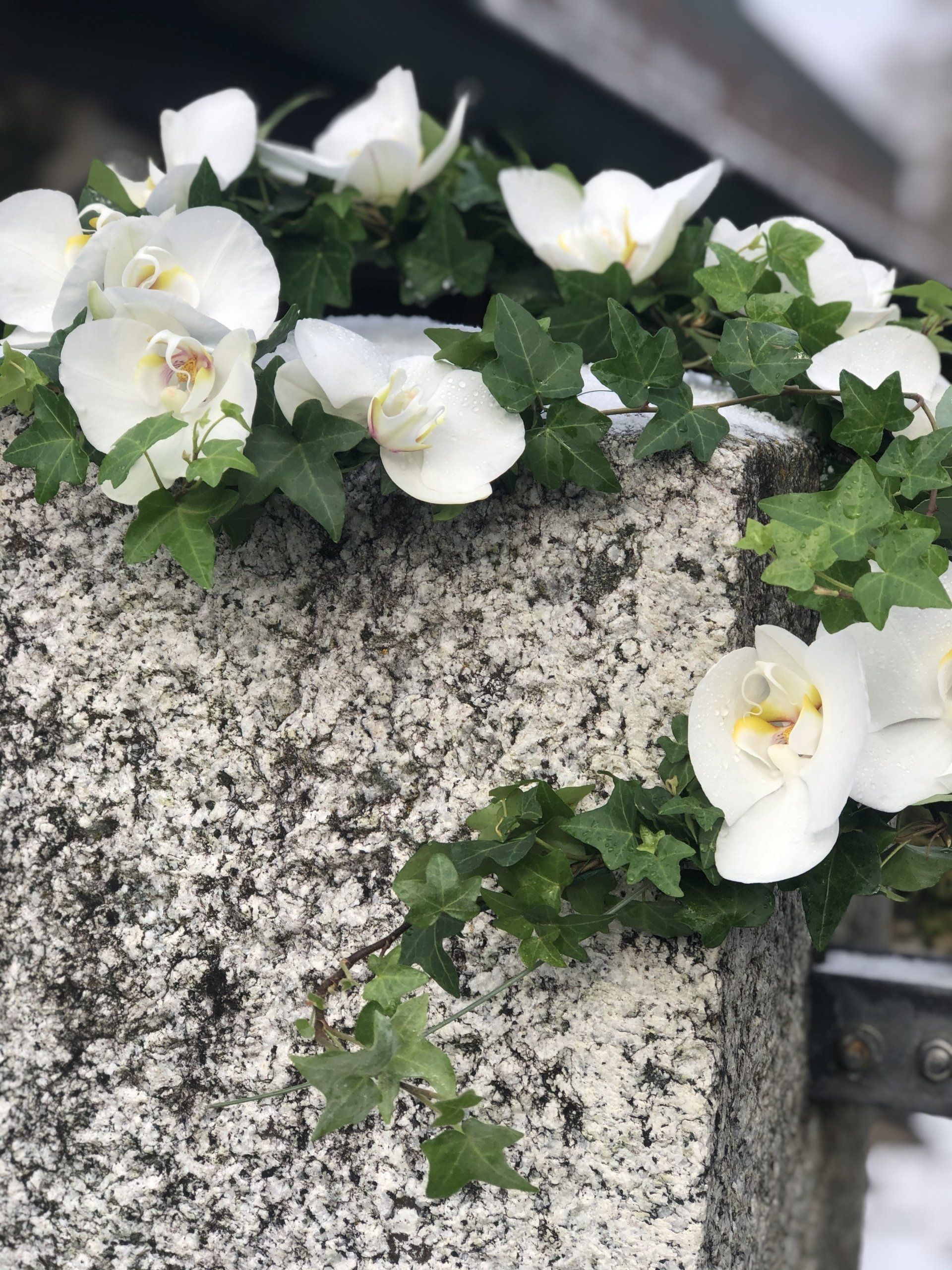 Blumenarrangement mit weißen Blumen und Efeu