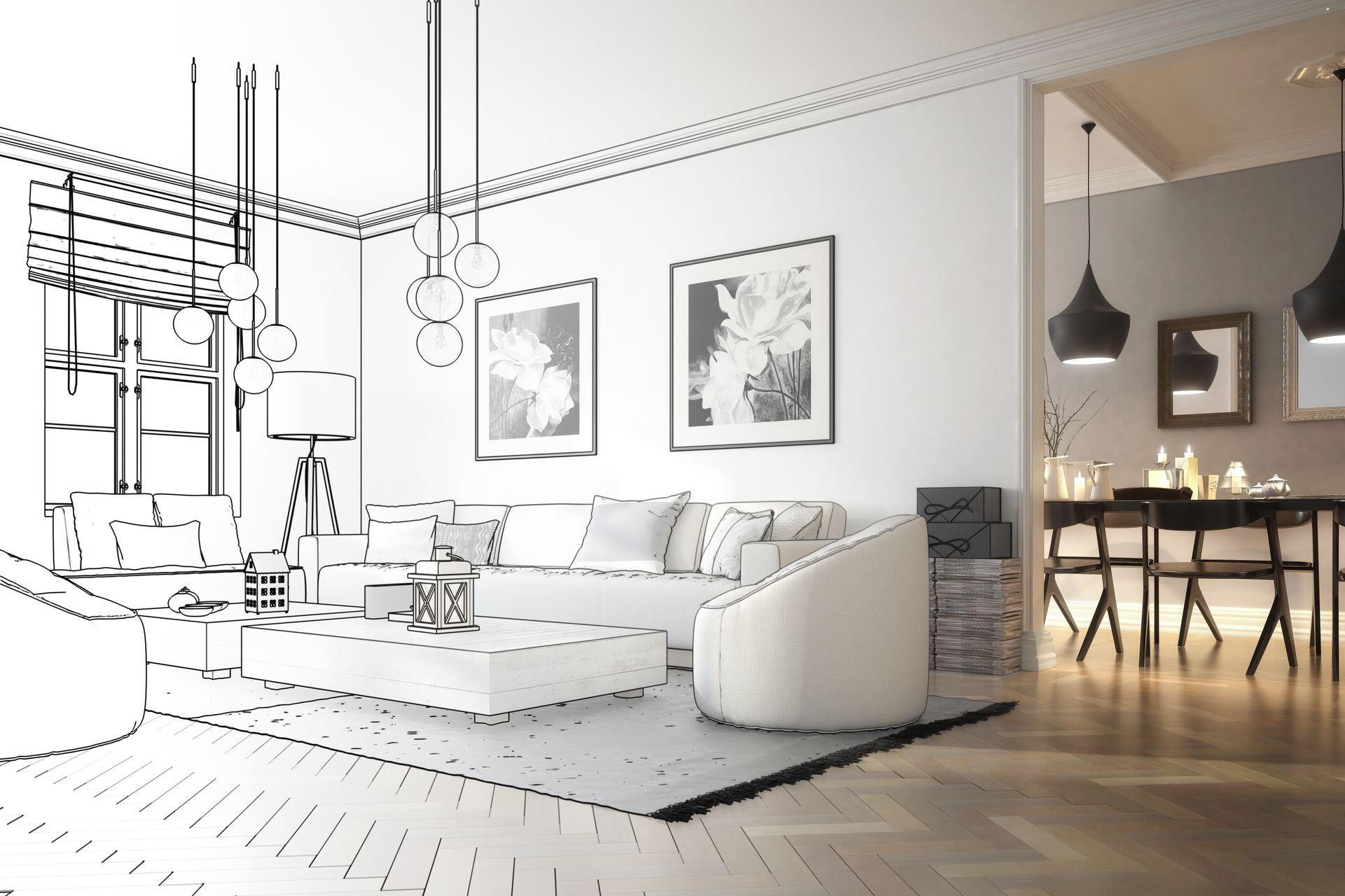 Living room interior with a partially drawn sketch overlay. White walls, sofa, and dining area.