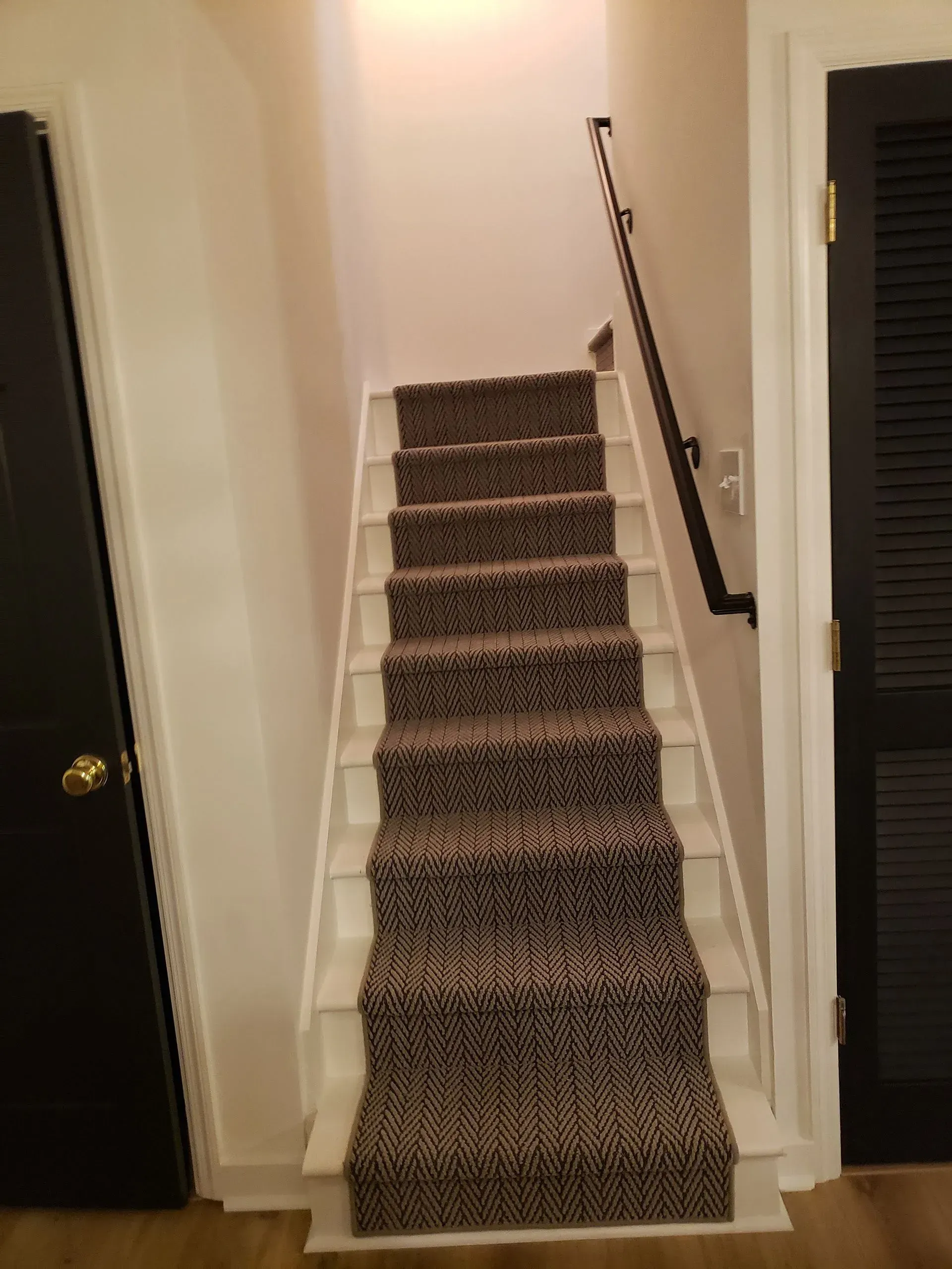 Staircase with carpet runner, black door on left, black louvered door on right, white walls.