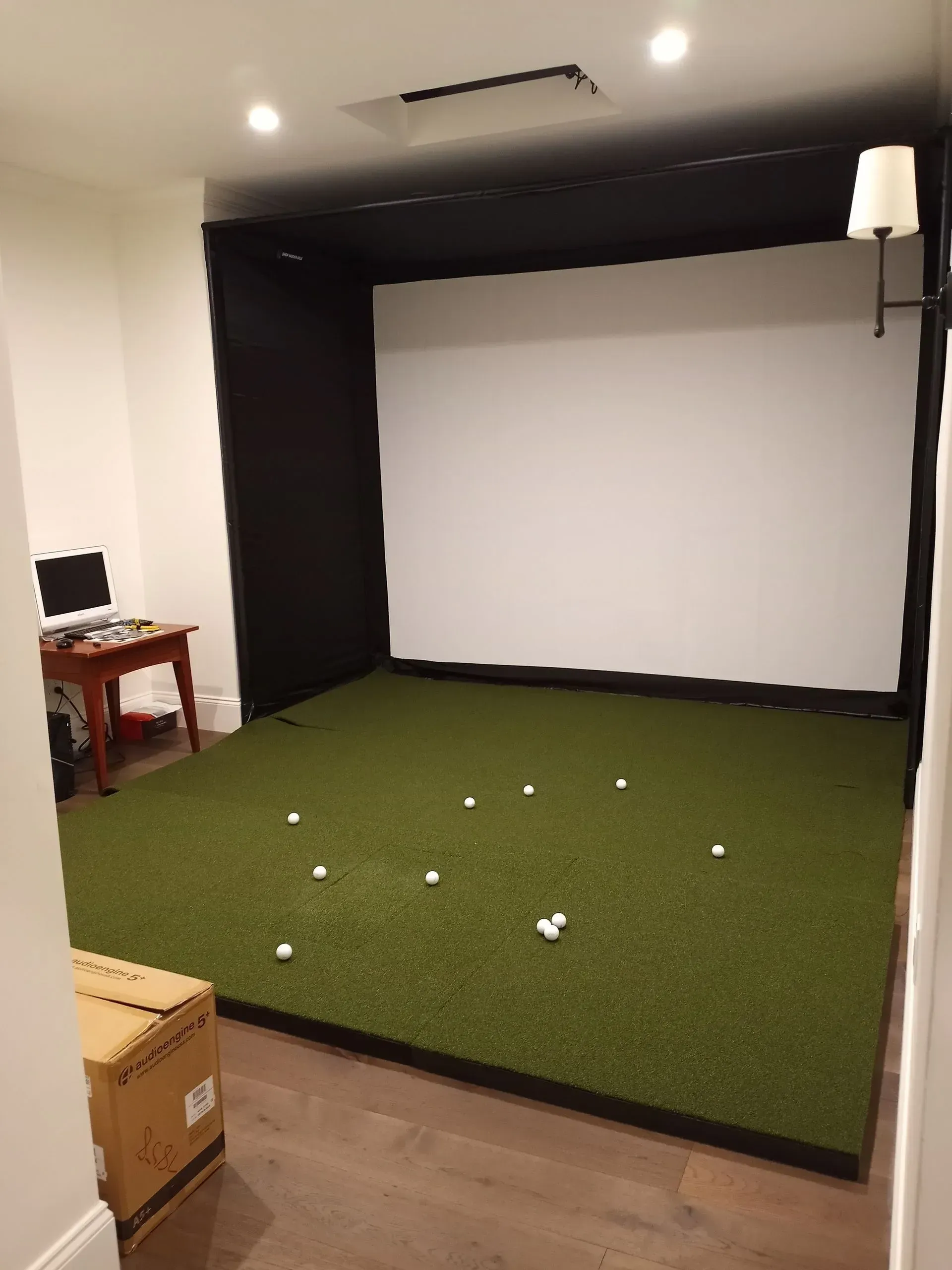 Golf simulator room with a screen, artificial turf, and scattered golf balls.