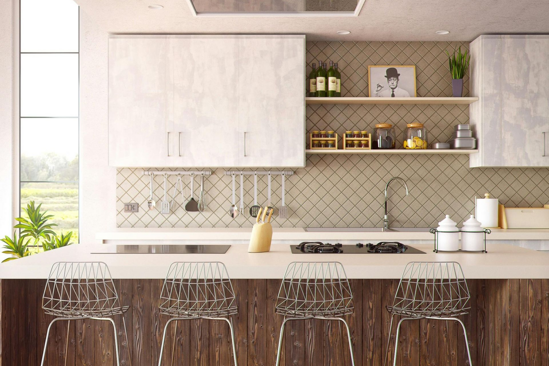 Modern kitchen with wooden island, white cabinets, and clear bar stools.