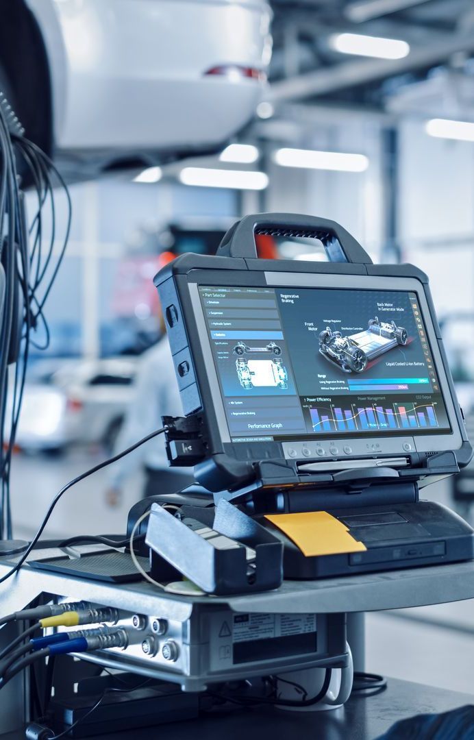 Automotive diagnostic tablet in auto repair shop, displaying engine diagram with vehicle lifted above. | Matthews Automotive