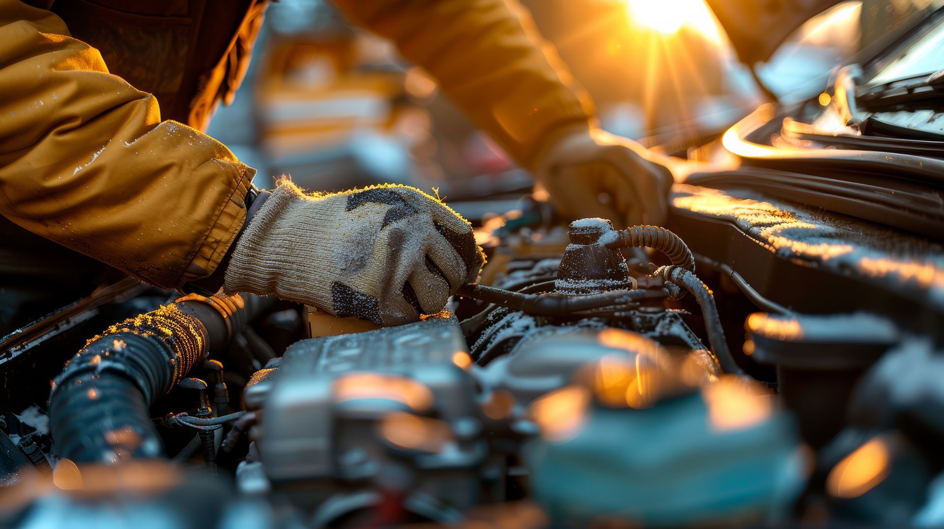 Person in gloves working on a car engine outdoors, possibly winter. Bright sunlight.