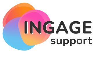 A logo for ingage support with a colorful circle in the middle.