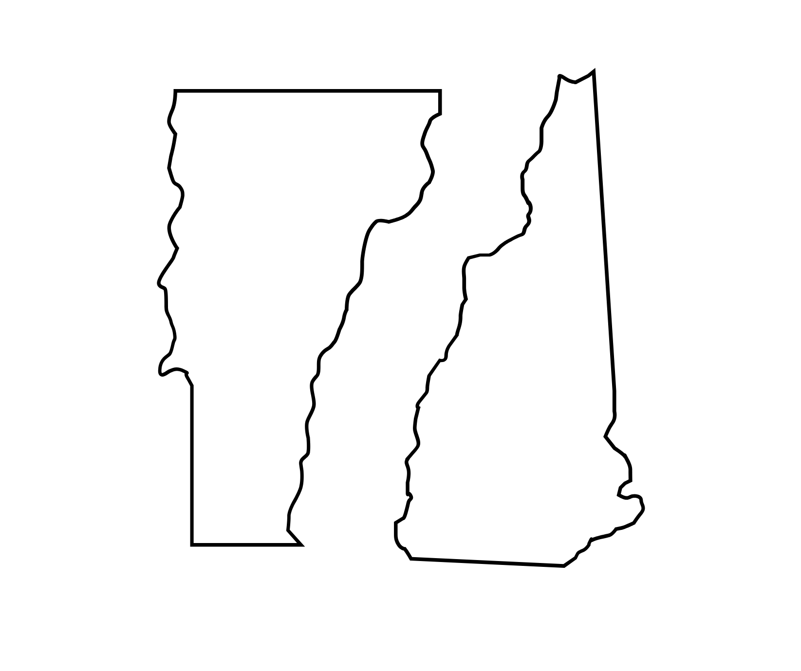 A map of Vermont and New Hampshire with red stars on them