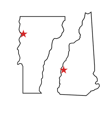 A map of Vermont and New Hampshire with red stars on them
