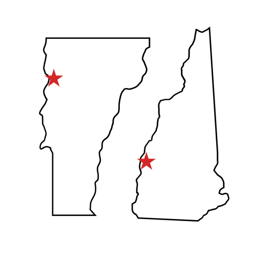 A map of Vermont and New Hampshire with red stars on them