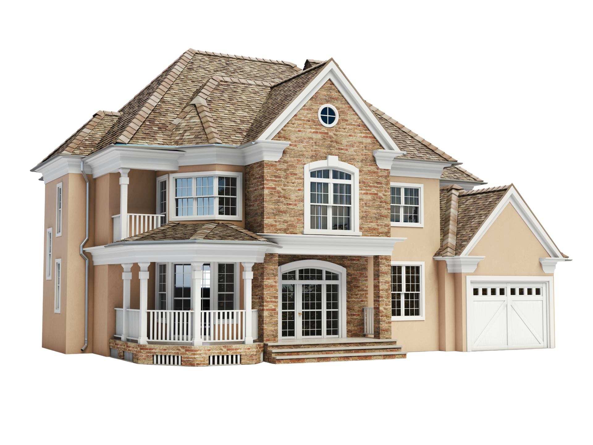 A large house with a porch and a garage on a white background