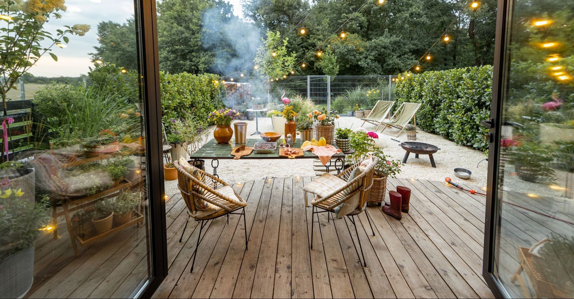 A wooden deck with a table and chairs on it.