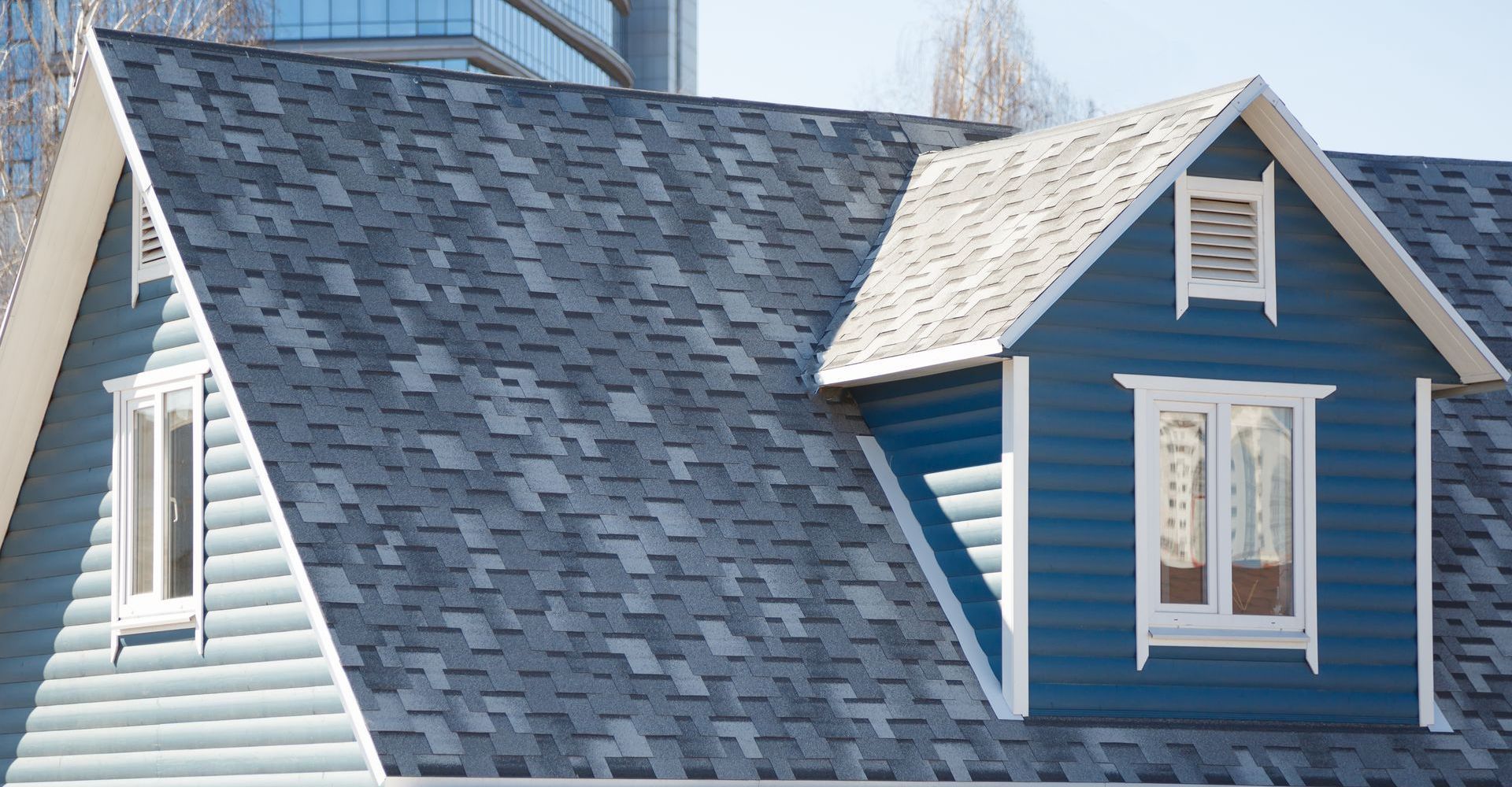 A blue house with a gray roof and two windows
