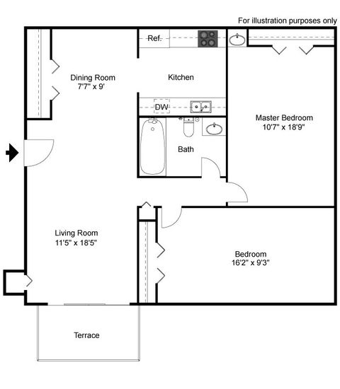 Two bedroom, One bath, 770 square feet