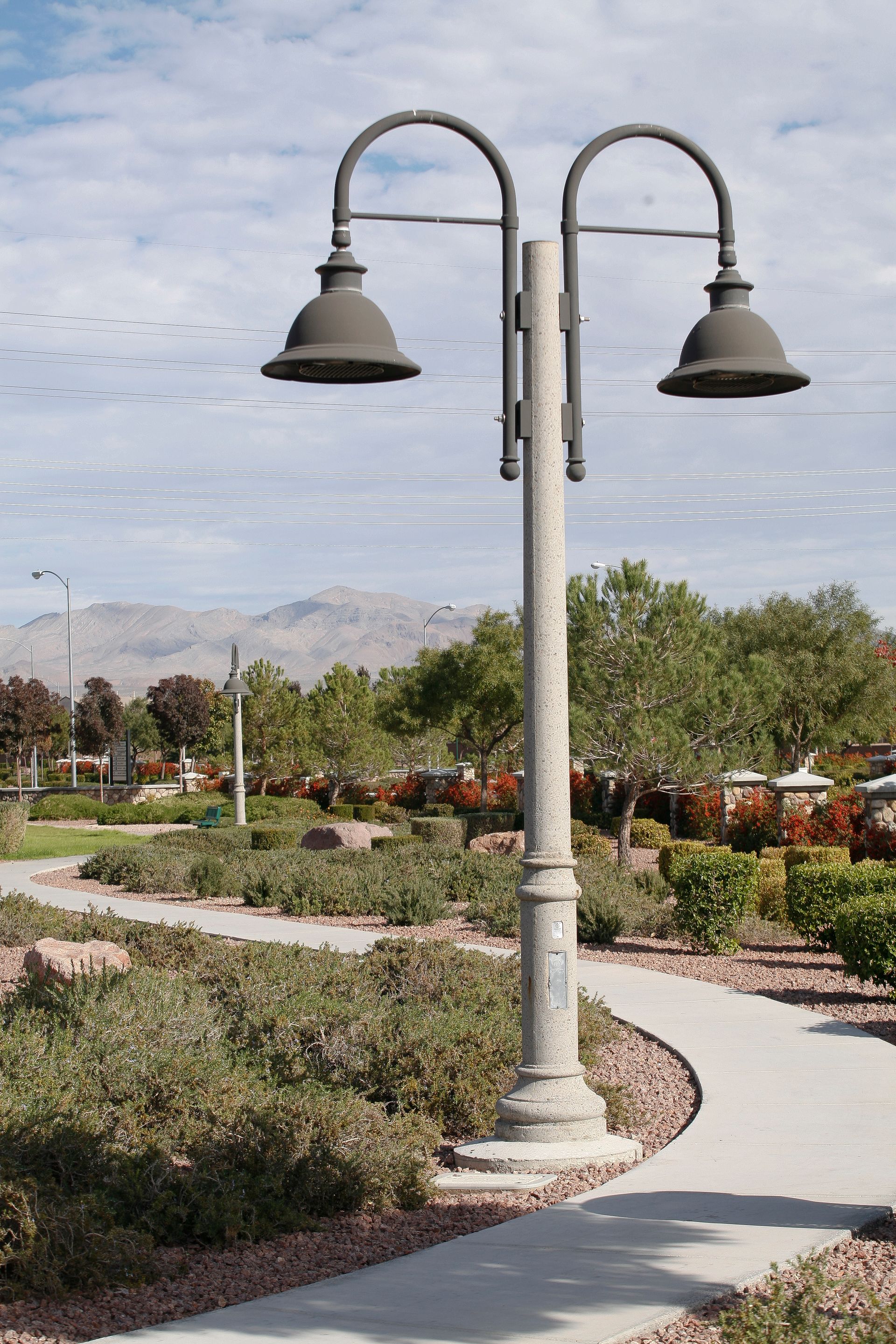 A street light in a park with mountains in the background