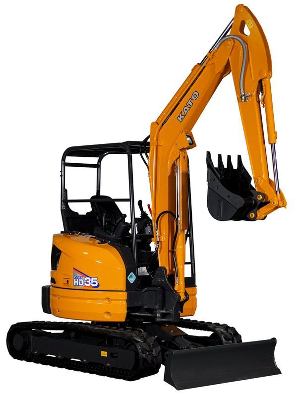 A yellow excavator with a black bucket on a white background