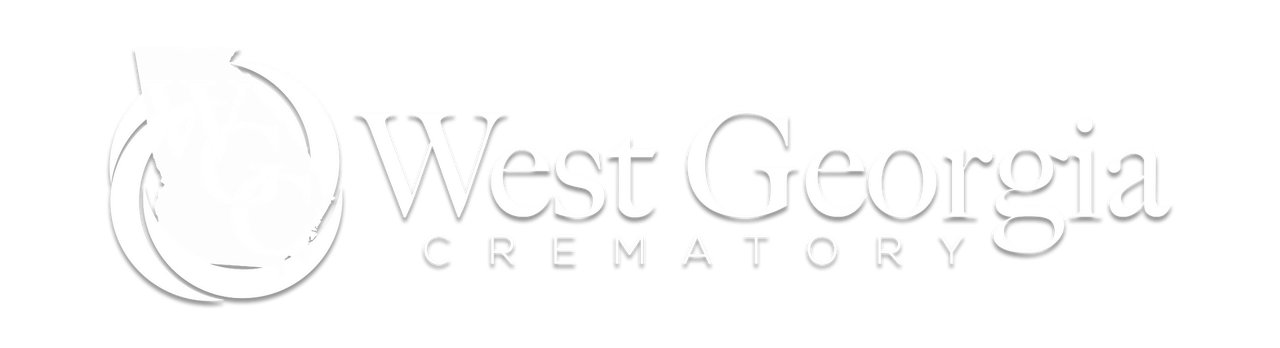 A white logo for west georgia crematory on a white background.