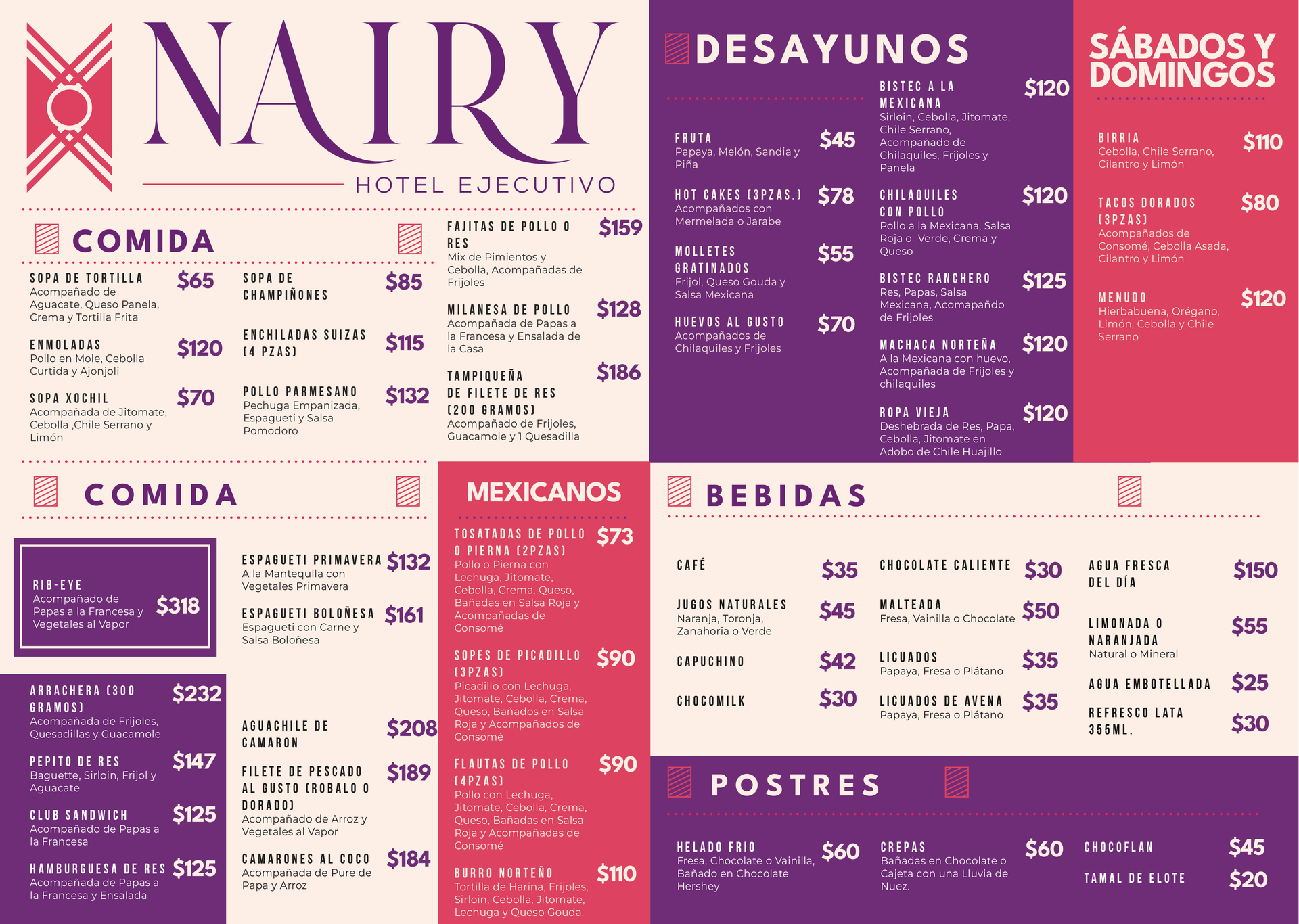 Un menú para un restaurante de un hotel llamado Nairy.