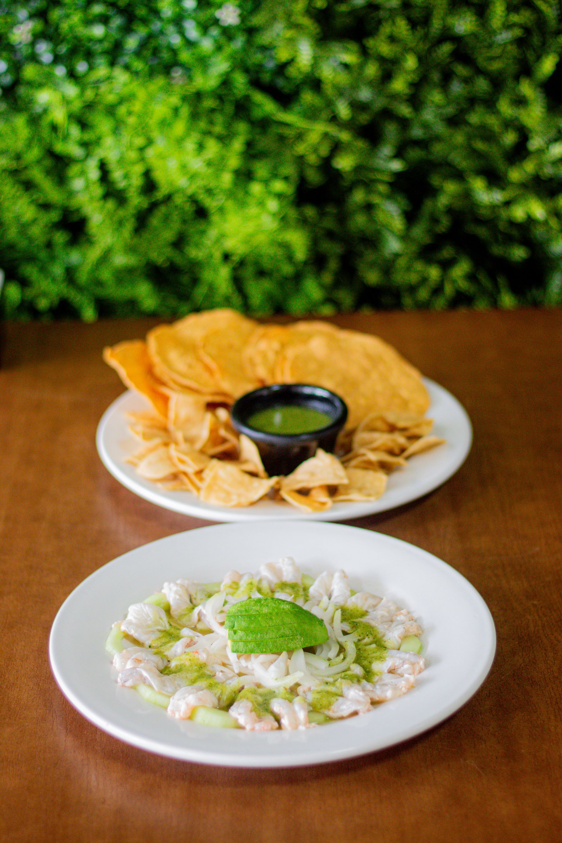 Dos platos de comida están sobre una mesa de madera.