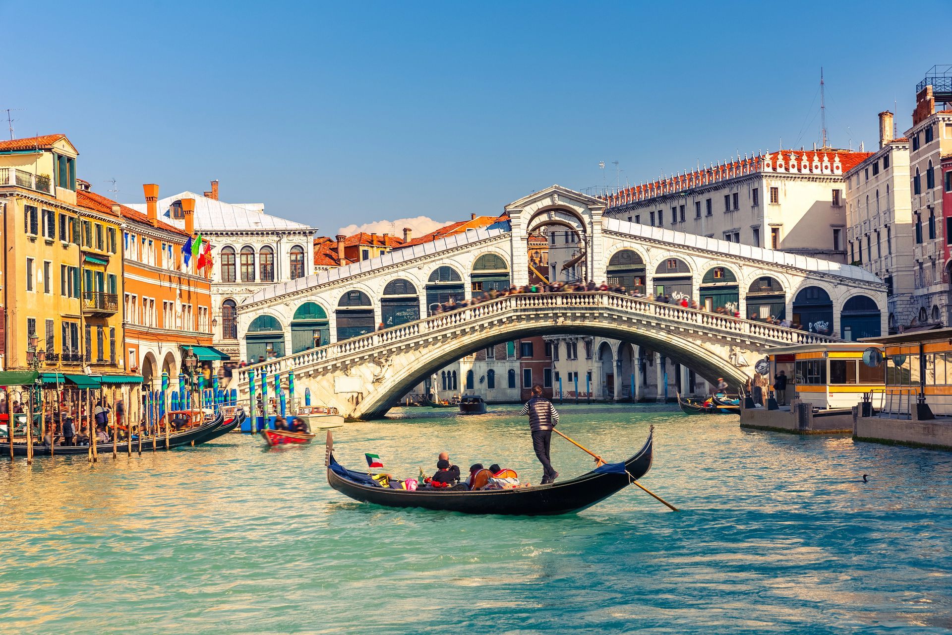 Un gondoliere rema su una barca lungo un canale di Venezia, con il Ponte di Rialto e gli edifici storici sullo sfondo.