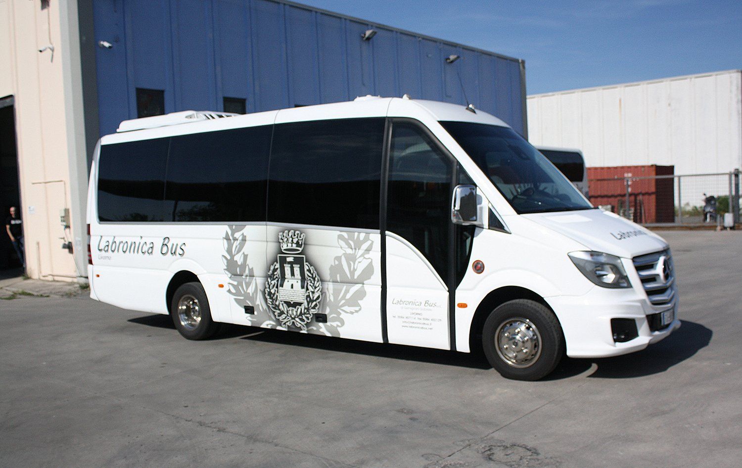 Minibus bianco con disegno laterale rosa e lilla