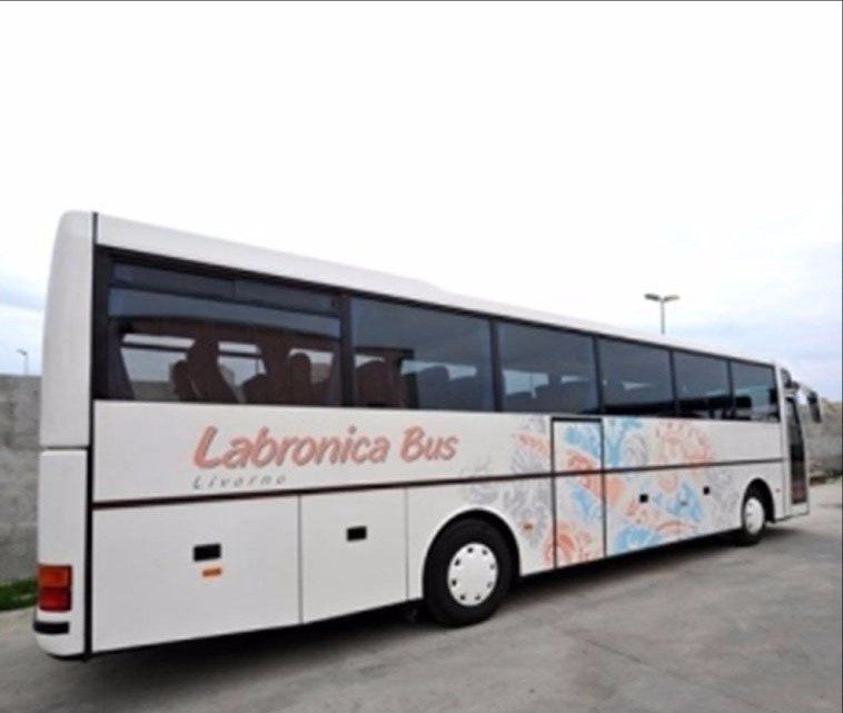 Pullman bianco con disegno blu,grigio e arancio nel laterale