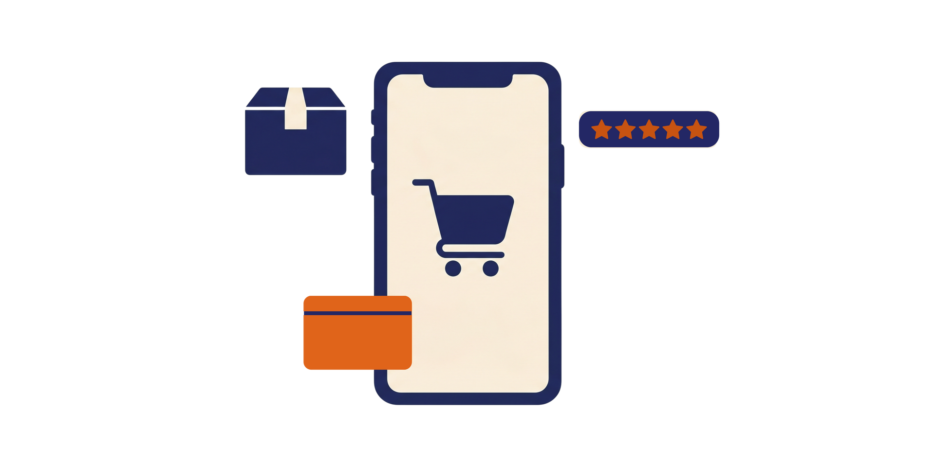 Illustration of a smartphone with a shopping cart app, surrounded by a package, payment card, and star rating — representing the growth of e-commerce in the Philippines