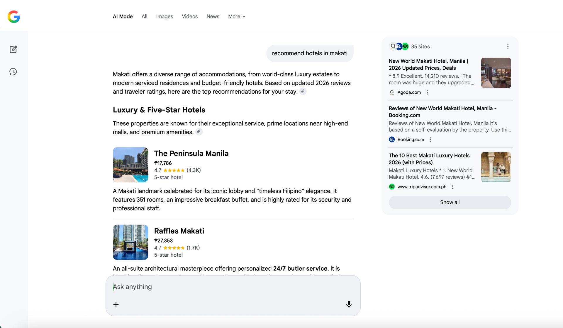 Google search results page displaying hotel listings with review information.