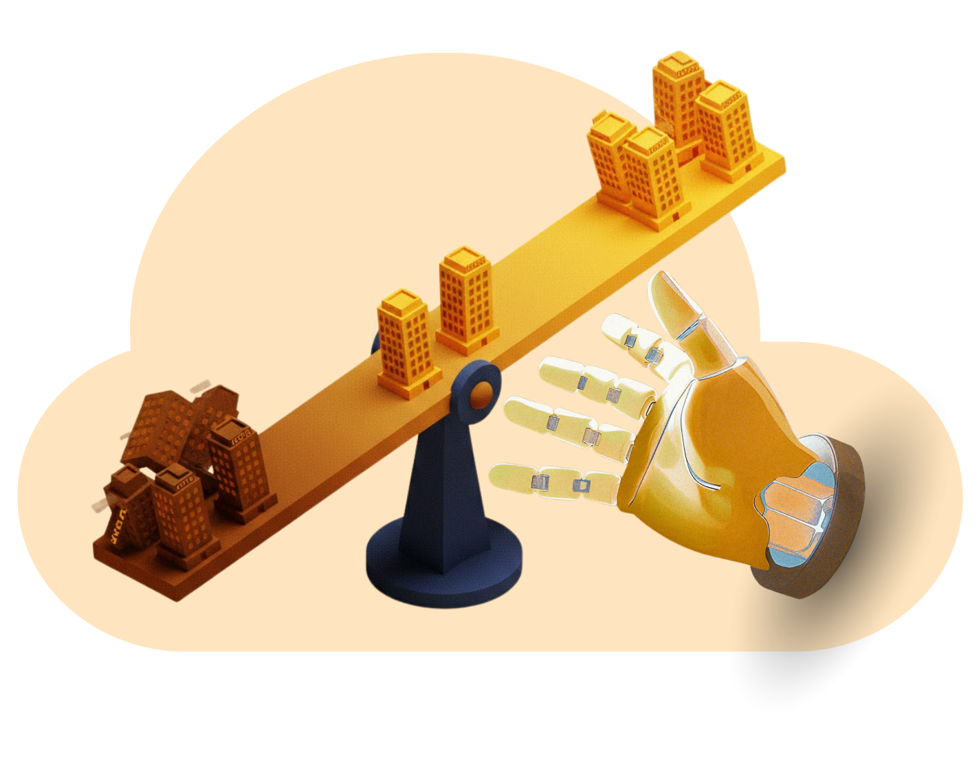 A seesaw balancing buildings; a robotic hand nudges the heavier side, highlighting balance.