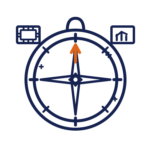 Compass surrounded by digital elements, representing navigation in a technological landscape.