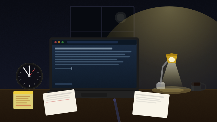 Dim home office desk with laptop, lamp, clock, and scattered notes at night.