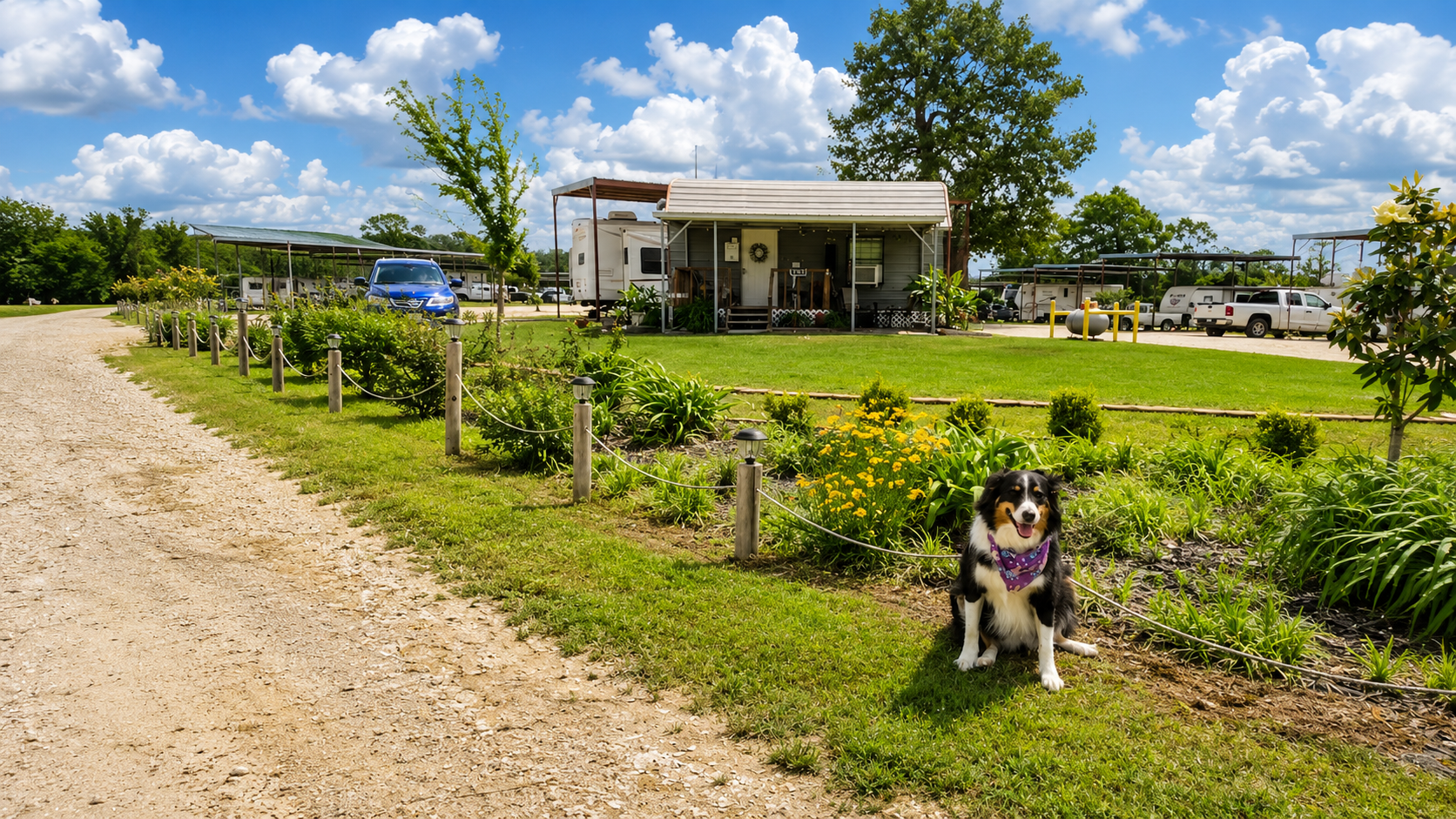 Dog sitting by a gravel path in front of a small farmhouse and garden under a sunny blue sky