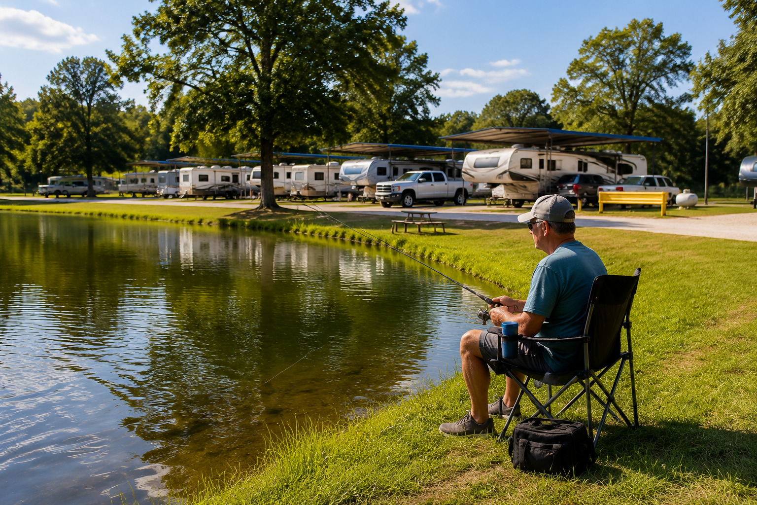 Man fishing from a folding chair beside a calm pond with RVs and trees in the background