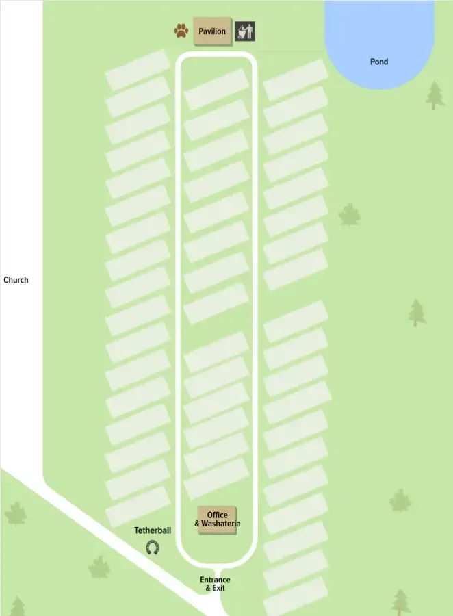 Map of a campground with rows of sites, a pavilion, roads, and a pond in the upper right.