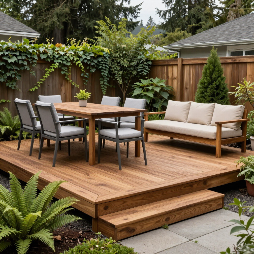 Wooden backyard deck with dining table, cushioned bench, chairs, and lush greenery beside a fence