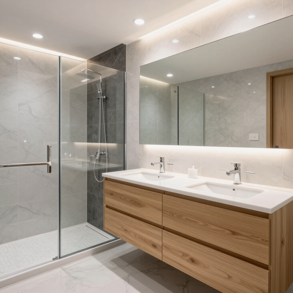 Modern bathroom with walk-in glass shower, floating wood vanity, and large mirror on marble walls