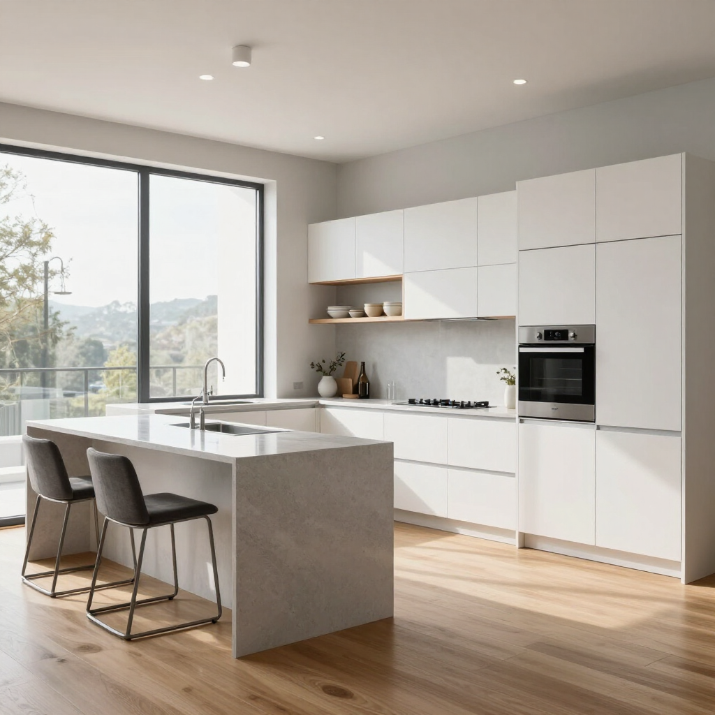 Modern white kitchen with island, barstools, large windows, and wood floors