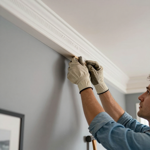 Worker installing crown molding along a gray wall with a hammer near the ceiling