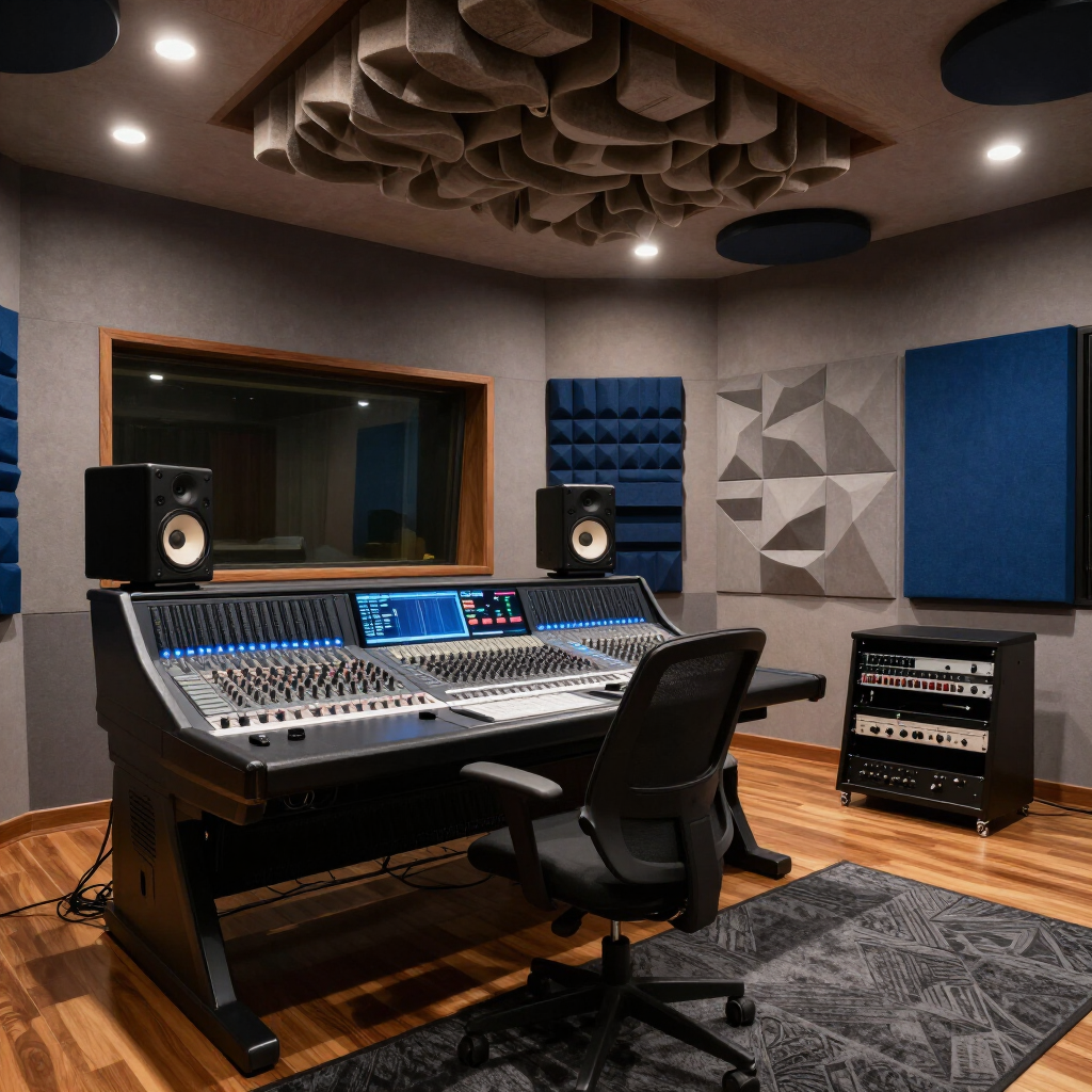 Sound recording studio with mixing console, speakers, acoustic panels, chair, and carpeted floor.