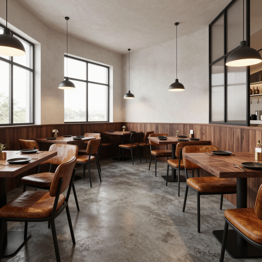 Empty modern cafe with wooden tables, black pendant lights, and large arched windows.