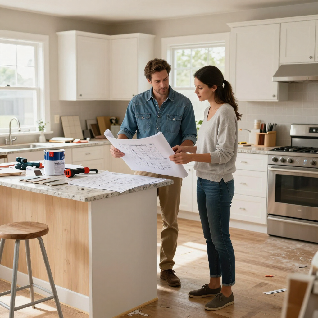 Two people reviewing house plans in a bright kitchen under renovation