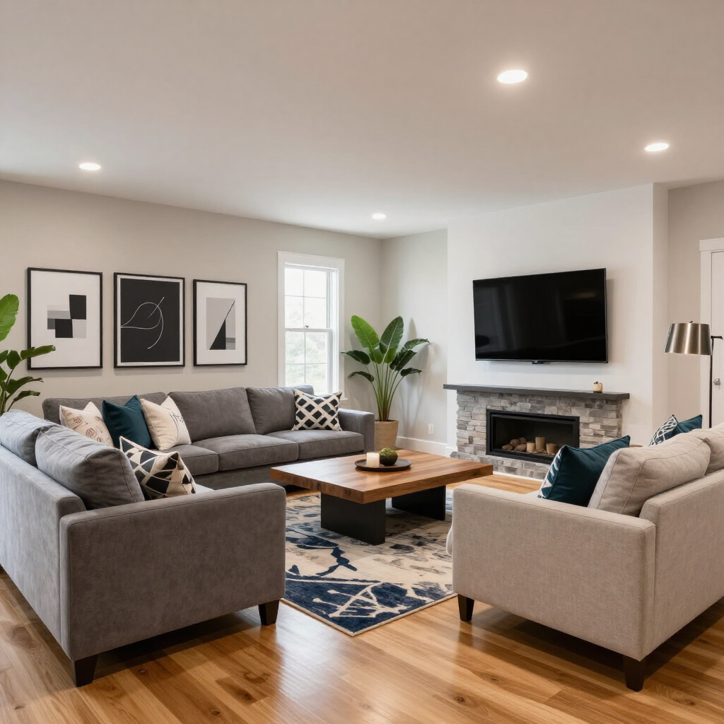 Bright modern living room with gray sofas, wood coffee table, wall-mounted TV, fireplace, and blue patterned rug