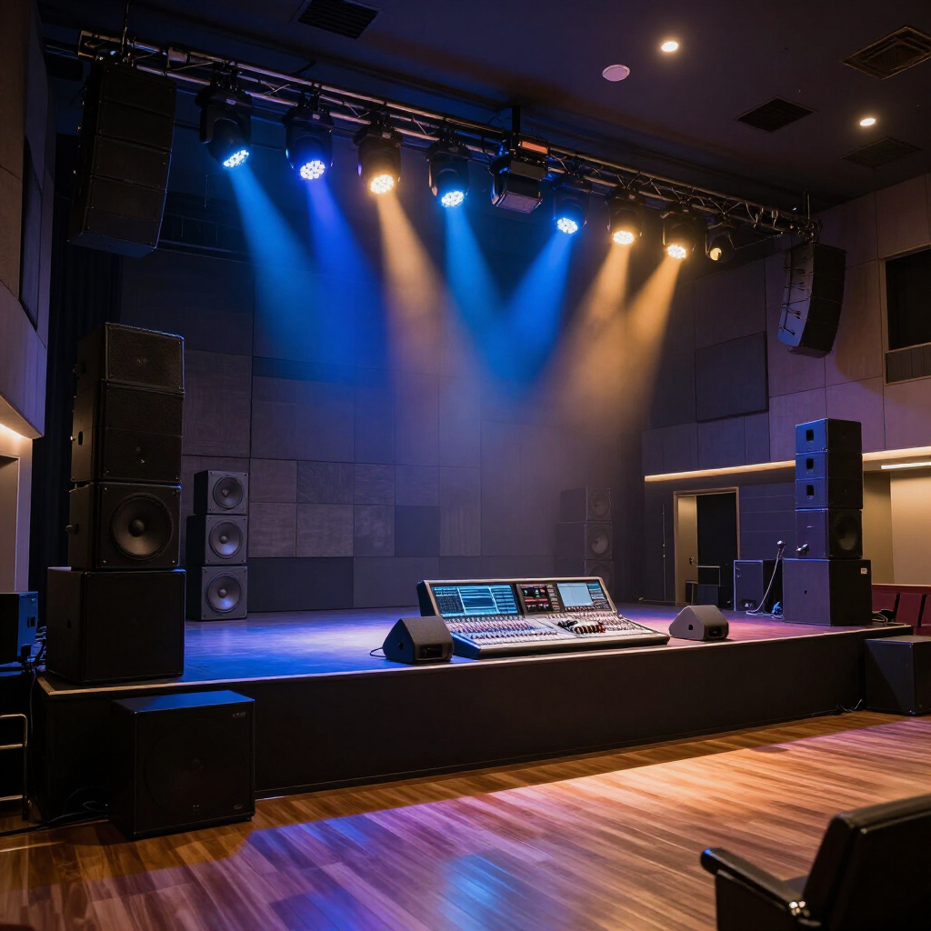 Empty stage with speakers and blue-orange spotlights in a modern performance venue
