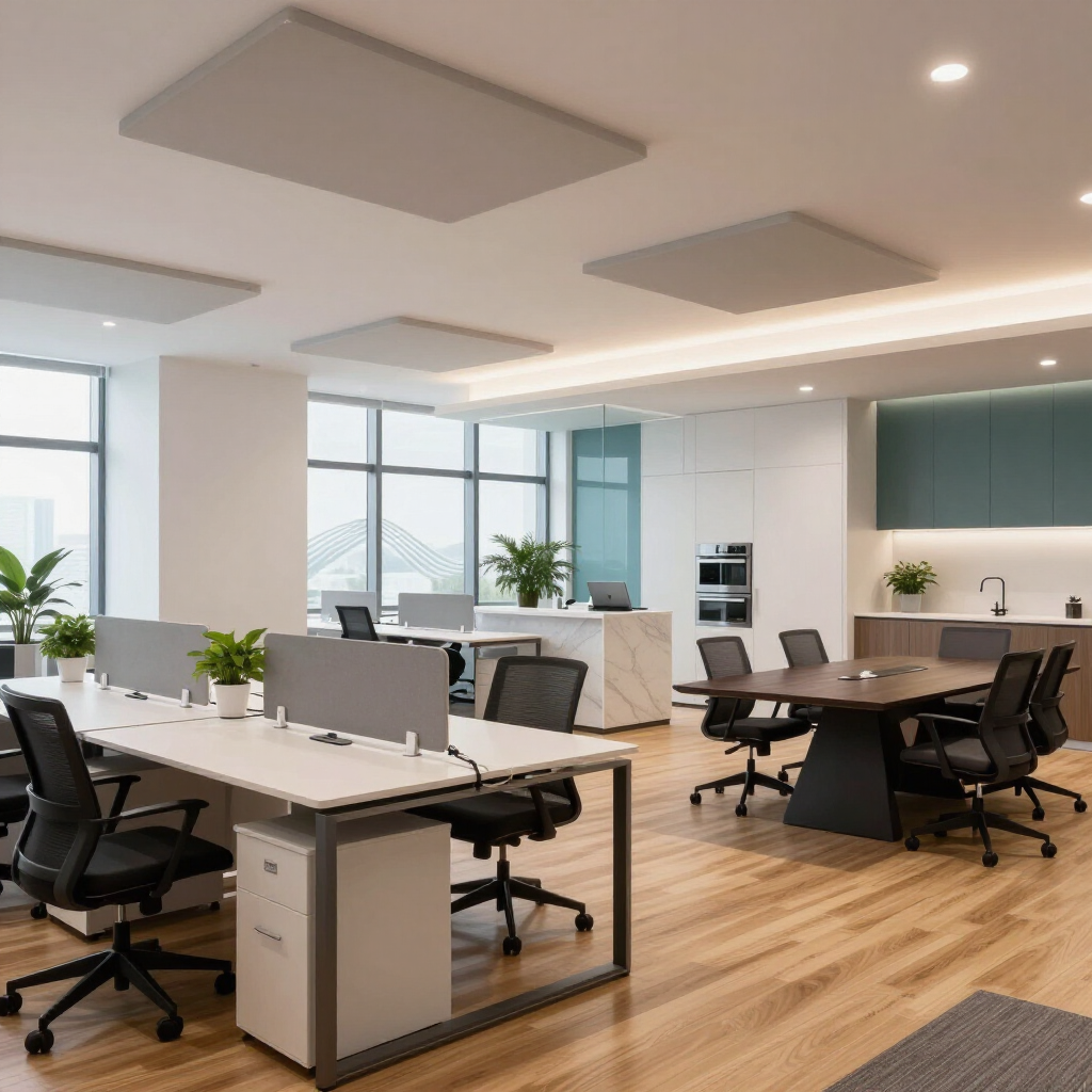 Modern open-plan office with desks, black chairs, plants, and large windows with wood flooring