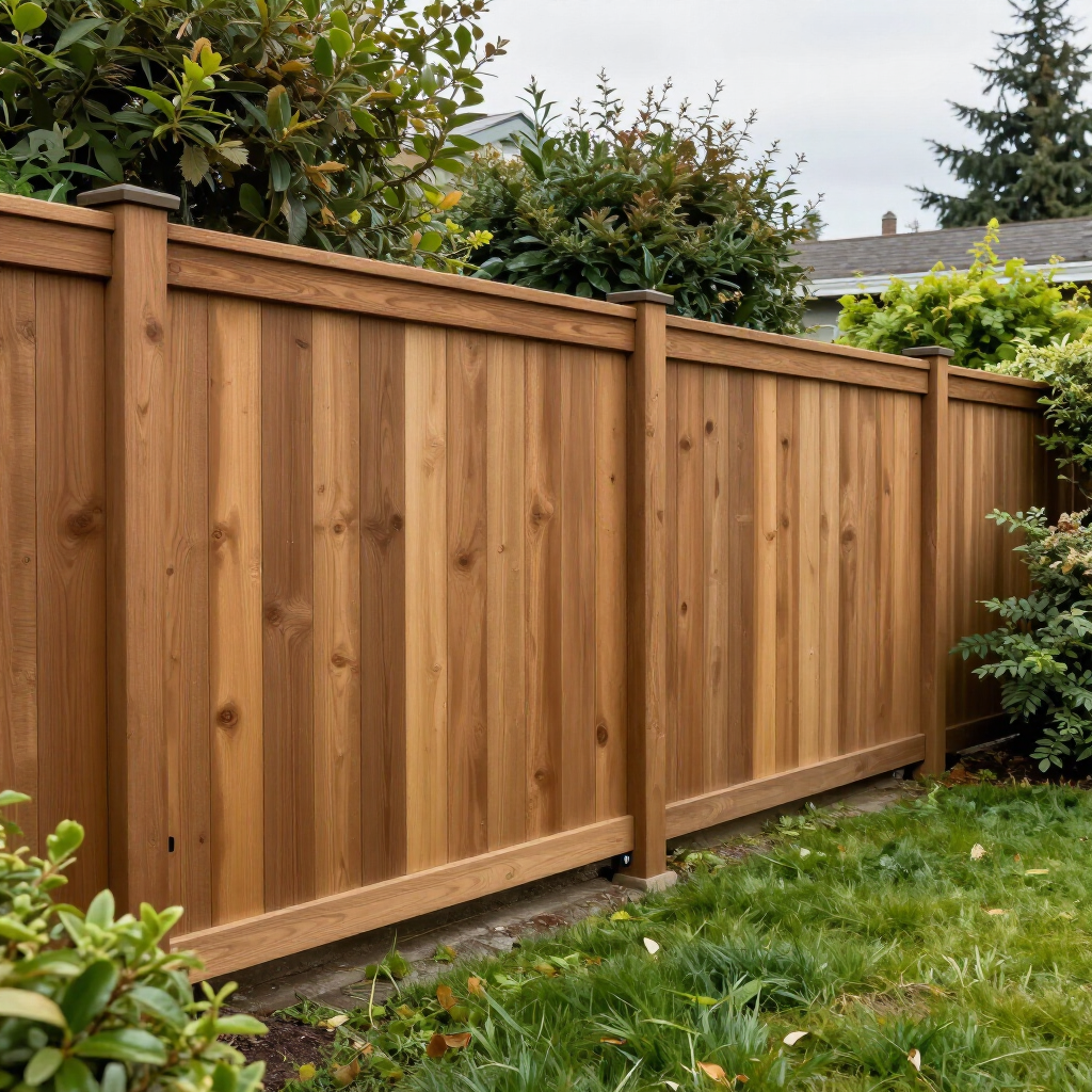 Wooden privacy fence along a grassy backyard with shrubs and trees