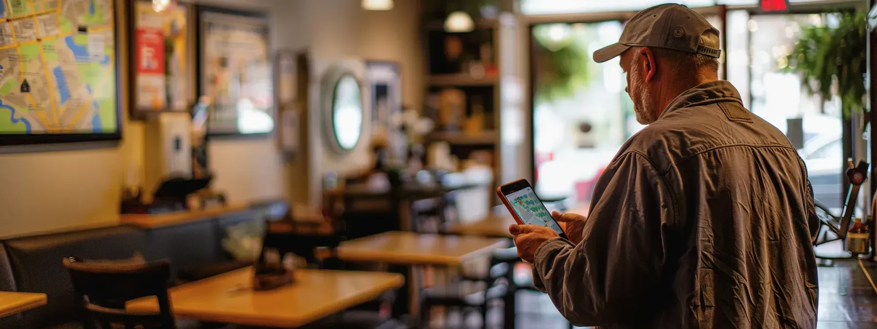 A man is standing in a restaurant looking at his cell phone searching for SEO Modesto | Forever Young Digital