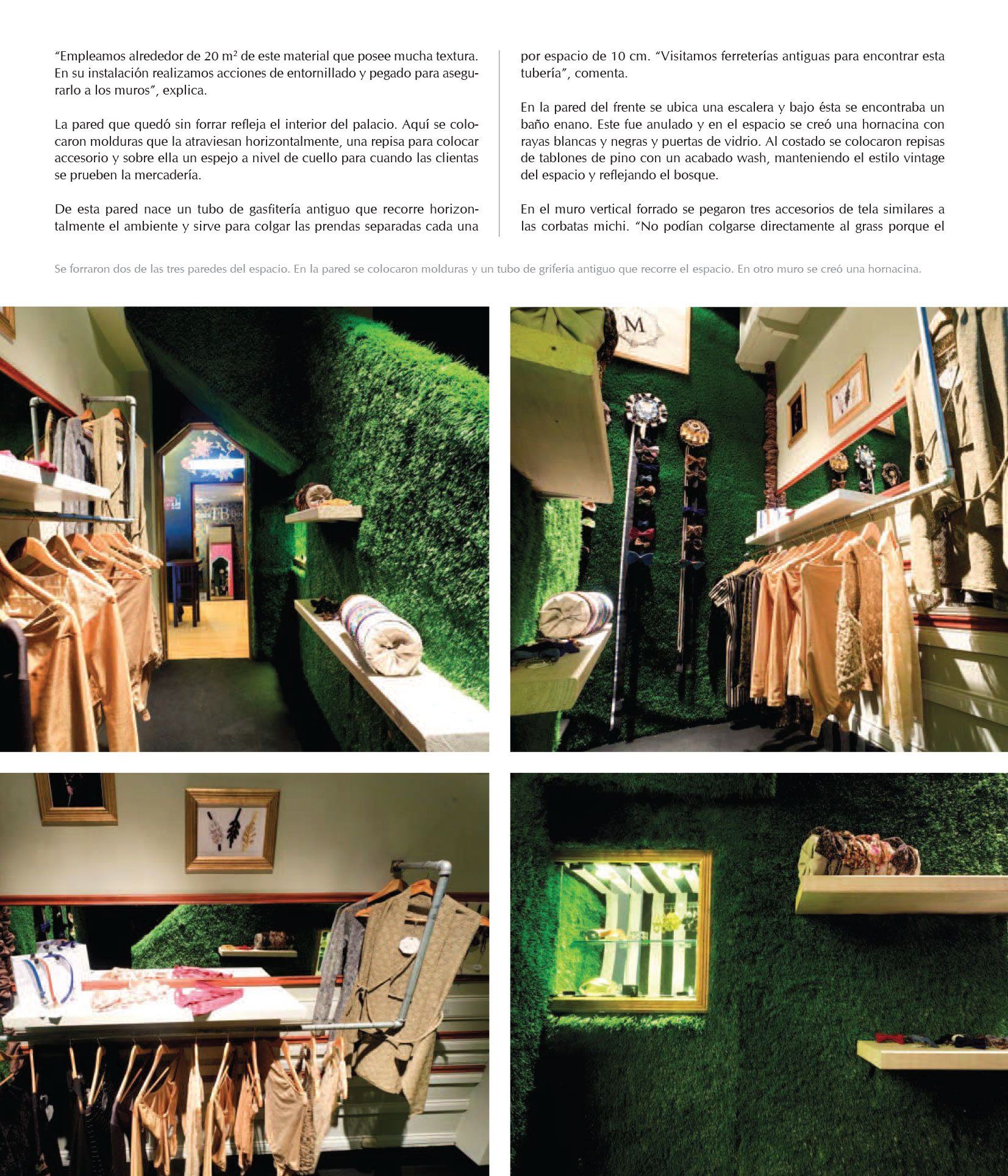 Un collage de cuatro fotografías de una tienda de ropa con una pared verde.
