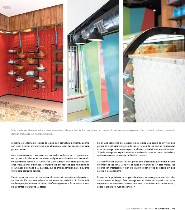 Un collage de tres fotografías de una panadería con una pared colorida.