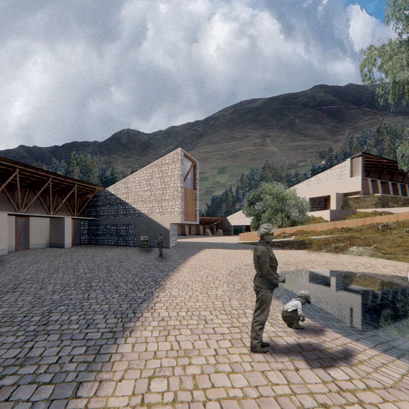 Impresión artística de un edificio con montañas al fondo.