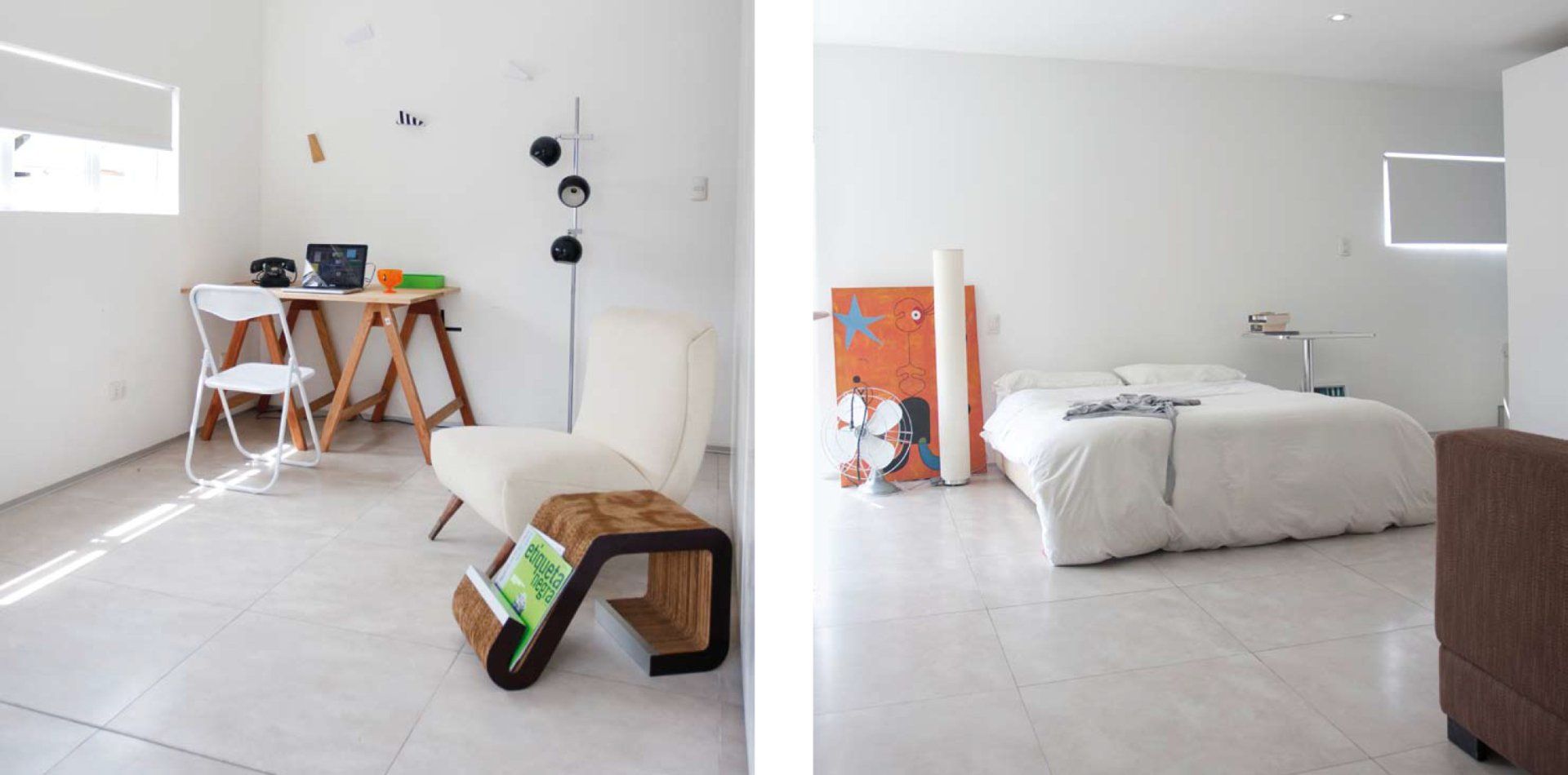 Dos fotografías de una sala de estar y un dormitorio con paredes blancas.