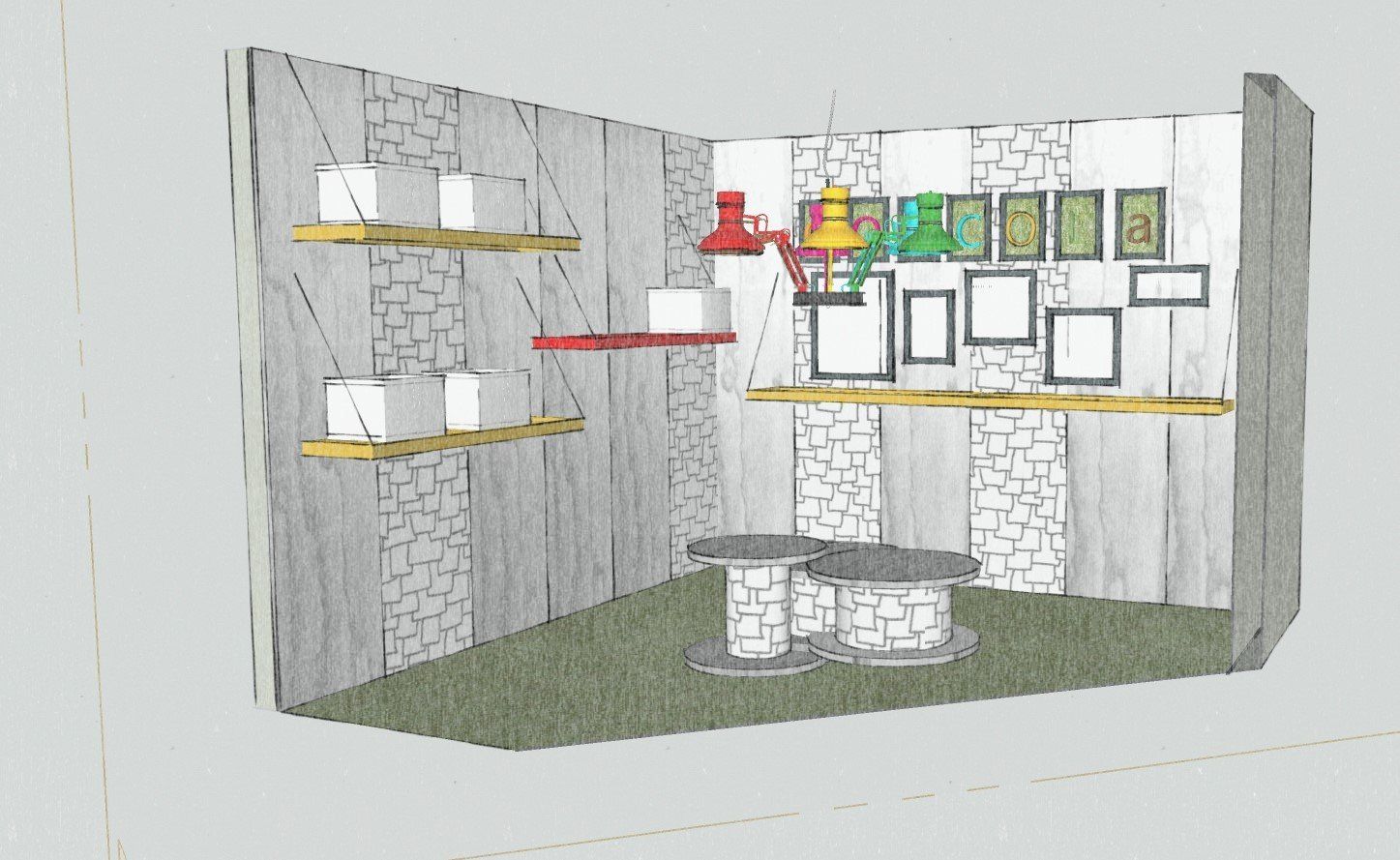 Un dibujo de una habitación con una mesa y estantes.